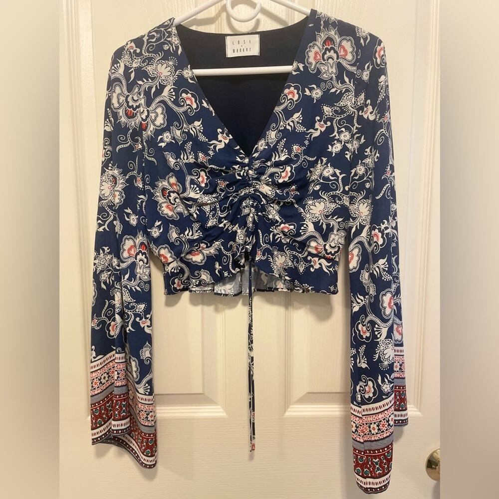 Lost + Wander Long Bell Sleeve, Cropped Blouse - navy, paisley, boho, hippie